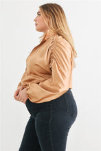 Load image into Gallery viewer, Plus Satin Zip-up Ruched Long Sleeve Cropped Bomber Jacket
