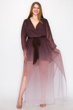 Load image into Gallery viewer, Ombre Chiffon Wrap Front Long Sleeve Tie Waist Slit Front Maxi Dress
