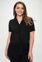 Load image into Gallery viewer, Plus Solid Chiffon Button Down Tie Front Short Sleeve Top
