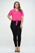 Load image into Gallery viewer, Plus Solid Chiffon Button Down Tie Front Short Sleeve Top
