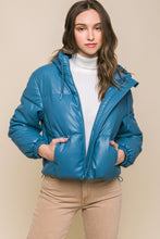 Load image into Gallery viewer, Pu Faux Leather Zipper Hooded Puffer Jacket
